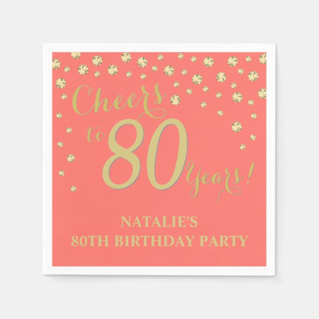 80th Birthday Party Coral and Gold Diamond Napkins (Front)
