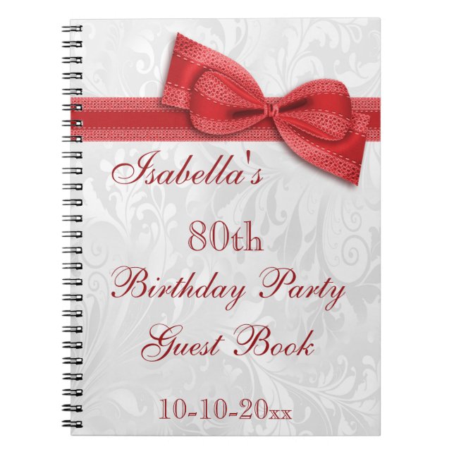 80th Birthday Party Damask and Bow Notebook (Front)