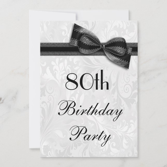 80th Birthday Party Damask and Faux Bow Invitation (Front)