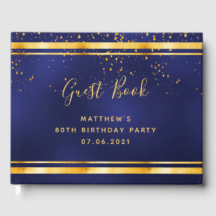 80th Birthday Party dark blue gold confetti Guest Book