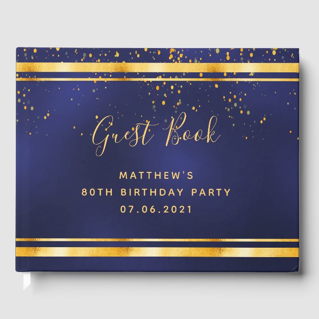 80th Birthday Party dark blue gold confetti Guest Book (Front)