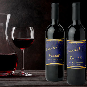 80th Birthday party dark navy blue gold cheers Wine Label