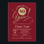 80th Birthday Party - Dark Red Gold Invitation<br><div class="desc">80th Birthday Party Invitation in dark red with faux glitter gold pattern. Features trendy typography script font. Simple modern design,  perfect for an elegant party. Cheers to 80 years! Can be personalised into any age! Please message me if you need further customisation.</div>