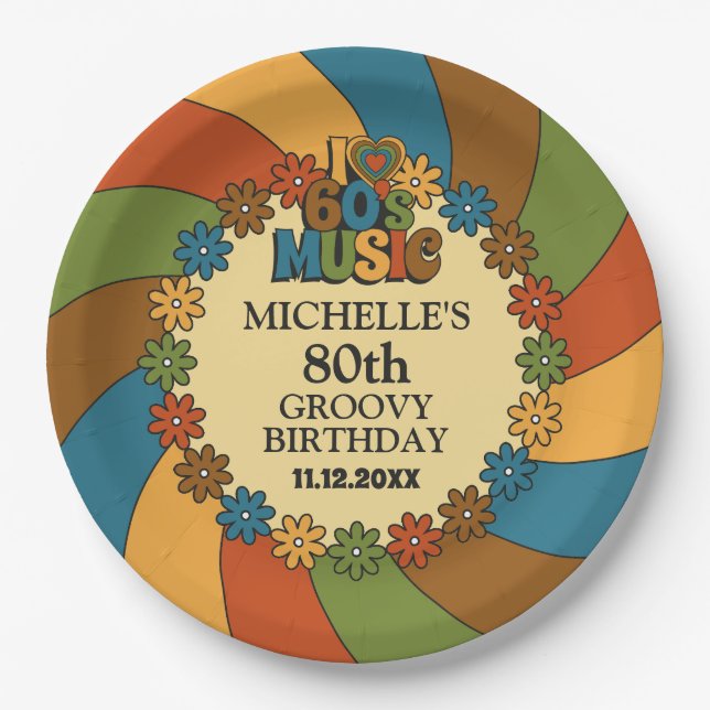 80th Birthday Party Decor 1960s Music Theme Paper Plate (Front)