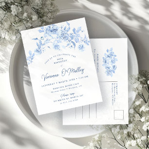 80th Birthday Party Dusty Blue Rose Floral Invitation Postcard