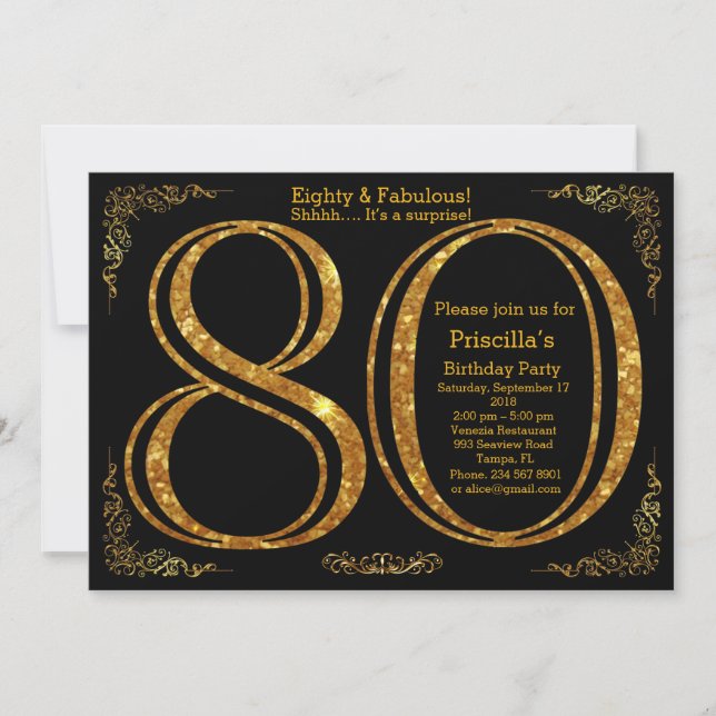 80th Birthday party,Eighty,great Gatsby,black&gold Invitation (Front)