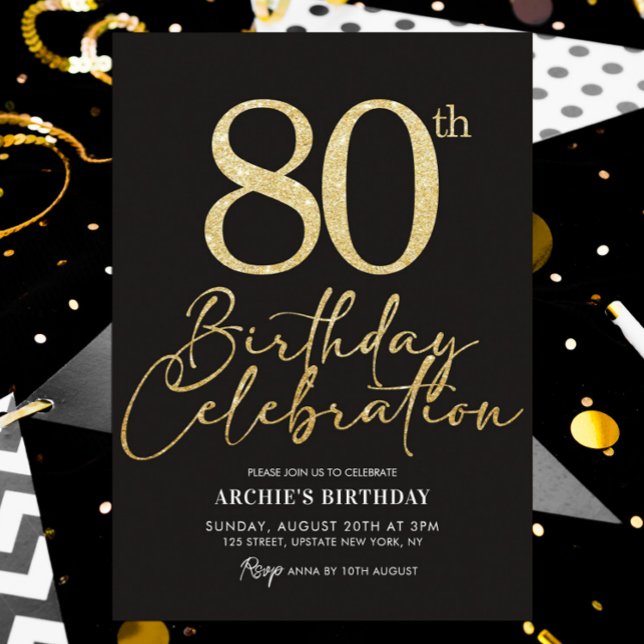 80th Birthday Party Elegant Black & Gold Glitter Invitation (80th birthday celebration surprise party elegant black and gold)