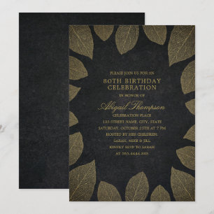 80th Birthday Party Elegant Black Gold Leaves Invitation