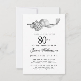 80th Birthday Party Elegant Black White Golf Invitation