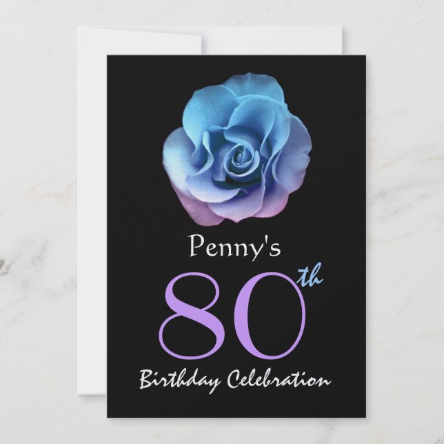 80th Birthday Party Elegant Blue and Purple Rose Invitation (Front)