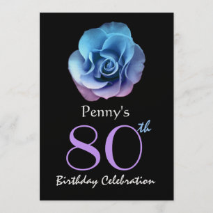 80th Birthday Party Elegant Blue and Purple Rose Invitation