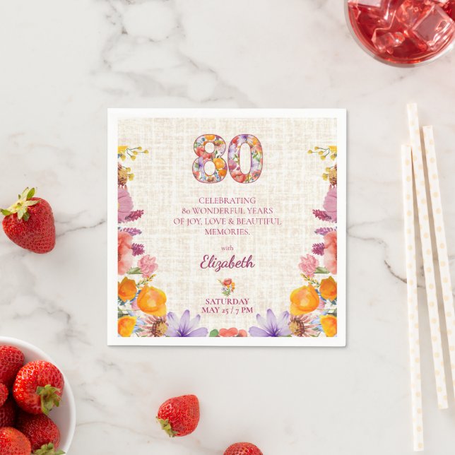 80th Birthday Party - Elegant Floral Number 80 Napkin (Insitu)