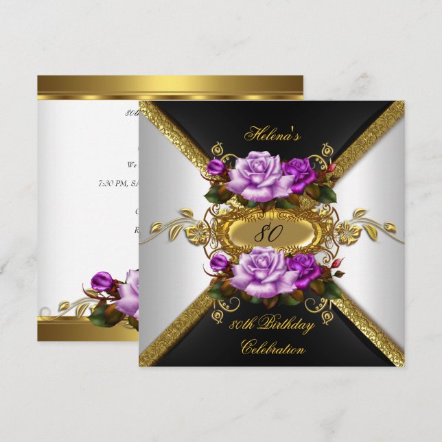 80th Birthday Party Elegant Purple Gold Roses 4 Invitation (Front/Back)