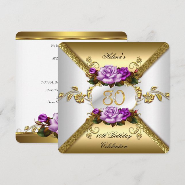 80th Birthday Party Elegant Purple Gold Roses A Invitation (Front/Back)