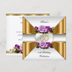 80th Birthday Party Elegant Purple Gold Roses B Invitation