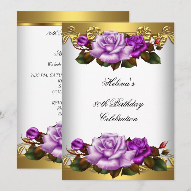 80th Birthday Party Elegant Purple Gold Roses Invitation (Front/Back)