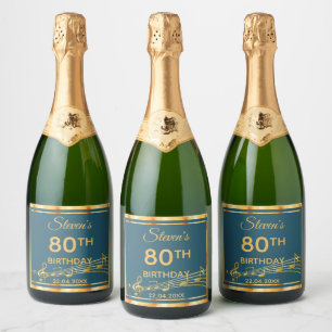 80th birthday party elegant teal and gold music sparkling wine label
