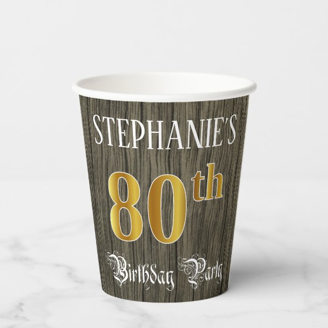 80th Birthday Party — Faux Gold & Faux Wood Looks Paper Cups (Back)