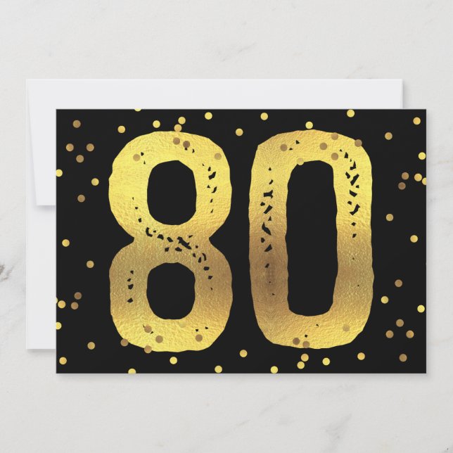 80th Birthday Party Faux Gold Foil Confetti Black Invitation (Front)
