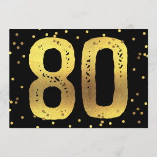 80th Birthday Party Faux Gold Foil Confetti Black Invitation