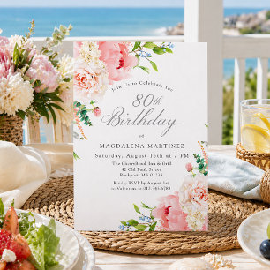 80th Birthday Party Feminine Pink Roses Floral Invitation