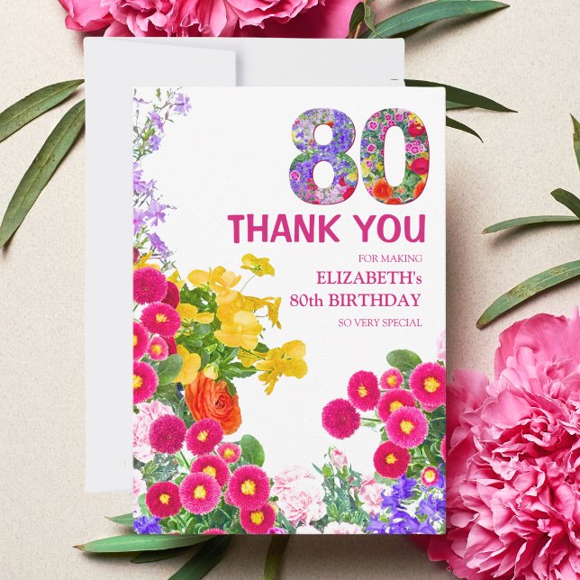 80th birthday party floral bouquet thank you card (Creator Uploaded)