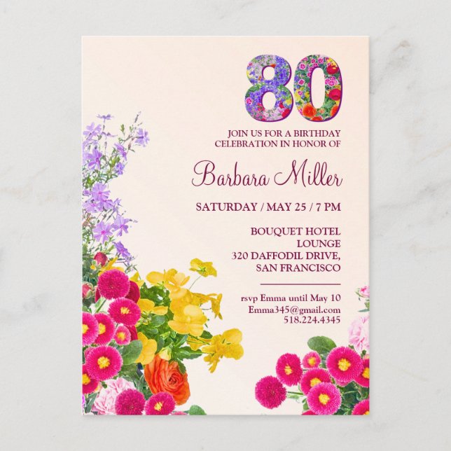 80th birthday party floral modern 80 years party invitation postcard (Front)