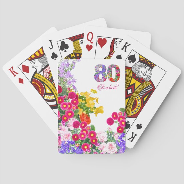 80th birthday party flower bouquet playing cards (Back)