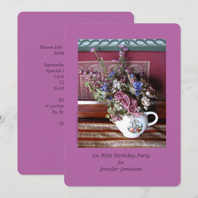 80th Birthday Party Flowers Vintage Teapot Purple Invitation (Front/Back)