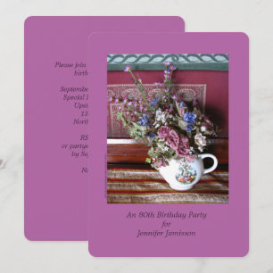 80th Birthday Party Flowers Vintage Teapot Purple Invitation