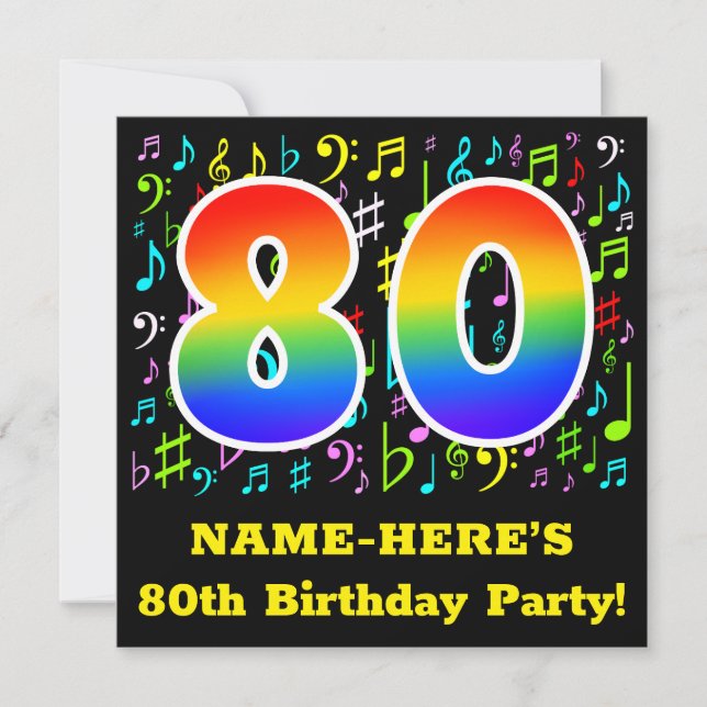 80th Birthday Party: Fun Music Symbols, Rainbow 80 Invitation (Front)