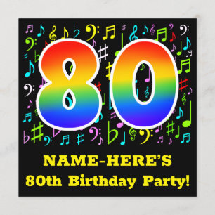 80th Birthday Party: Fun Music Symbols, Rainbow 80 Invitation
