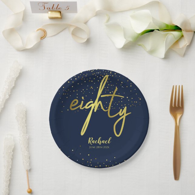 80th Birthday Party Glamourous Navy Gold Paper Plate (Wedding)