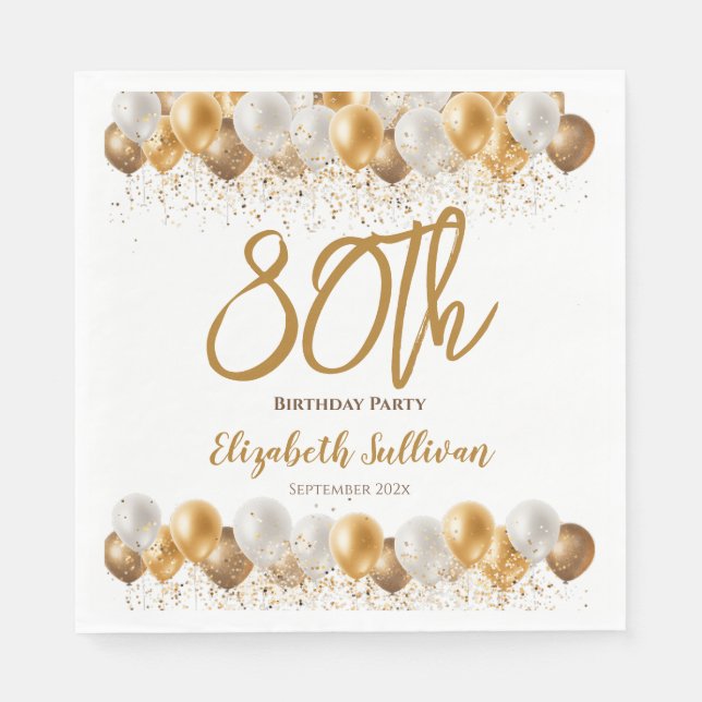 80th Birthday Party Gold Balloon Napkin (Front)