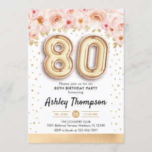 80th Birthday Party - Gold Balloons Invitation