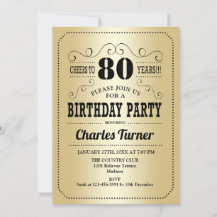 80th Birthday Party - Gold Black Invitation