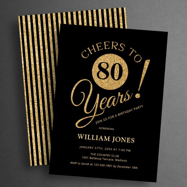 80th Birthday Party Gold Black Invitation (Creator Uploaded)