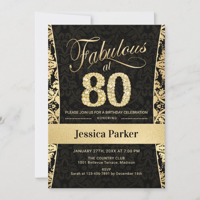 80th Birthday Party - Gold Black Invitation (Front)