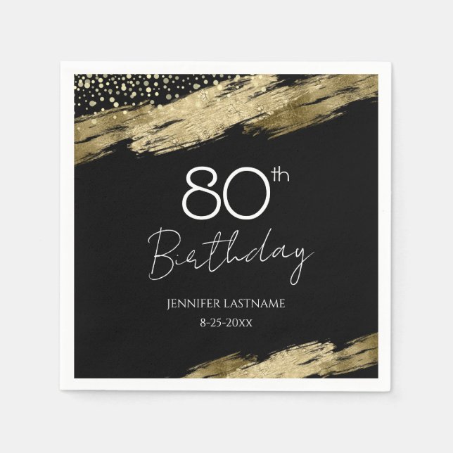 80th Birthday Party Gold Black Napkins (Front)