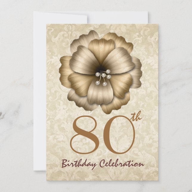 80th Birthday Party Gold Flower Bow Invitation (Front)