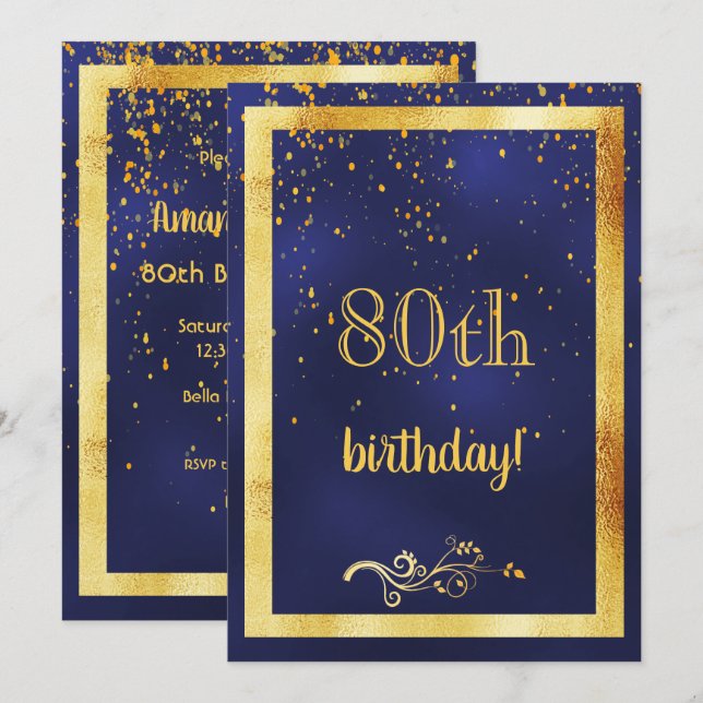 80th birthday party gold frame blue invitation (Front/Back)