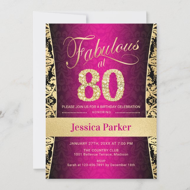 80th Birthday Party - Gold Pink Black Invitation (Front)