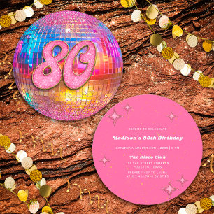 80th Birthday Party Gold Pink Glitter Disco Ball Invitation