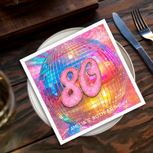80th Birthday Party Gold Pink Glitter Disco Ball Napkin