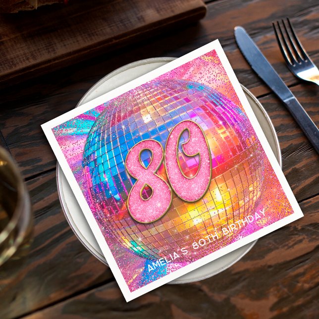 80th Birthday Party Gold Pink Glitter Disco Ball Napkin (Creator Uploaded)
