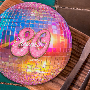 80th Birthday Party Gold Pink Glitter Disco Ball Paper Plate