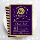 80th Birthday Party - Gold Purple ANY AGE Invitation<br><div class="desc">80th birthday party invitation for men or women. Elegant invite card in purple with faux glitter gold foil. Features typography script font. Cheers to 80 years! Can be personalised into any year. Perfect for a milestone adult bday celebration.</div>