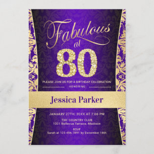 80th Birthday Party - Gold Purple Invitation