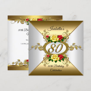 80th Birthday Party Gold red yellow Roses Invitation