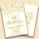 80th Birthday Party Gold Rose Floral Ivory White Invitation<br><div class="desc">Elegant open line gold roses create the perfect top border. The ivory white background gives it a sophisticated warm glow and the calligraphy adds a luxe touch. This invitation is part of the Luxe Gold Rose Collection. It contains templates for birthday suite stationery,  welcome signs and party decorations.</div>